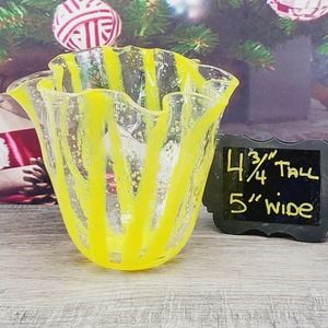Handkerchief Vase ART GLASS Yellow Striped Ruffled 4.75" Bubbles Gorgeous Design